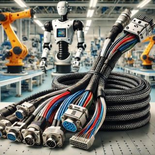 custom cable assembly designed for robotic applications, featuring three high-flex, durable cables with connectors such as Molex, JST, and Amphenol